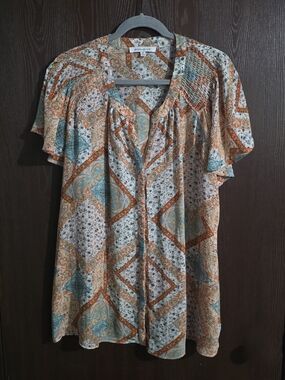 Rose & Olive Paisley Print Blouse - Teal, Rust & Cream